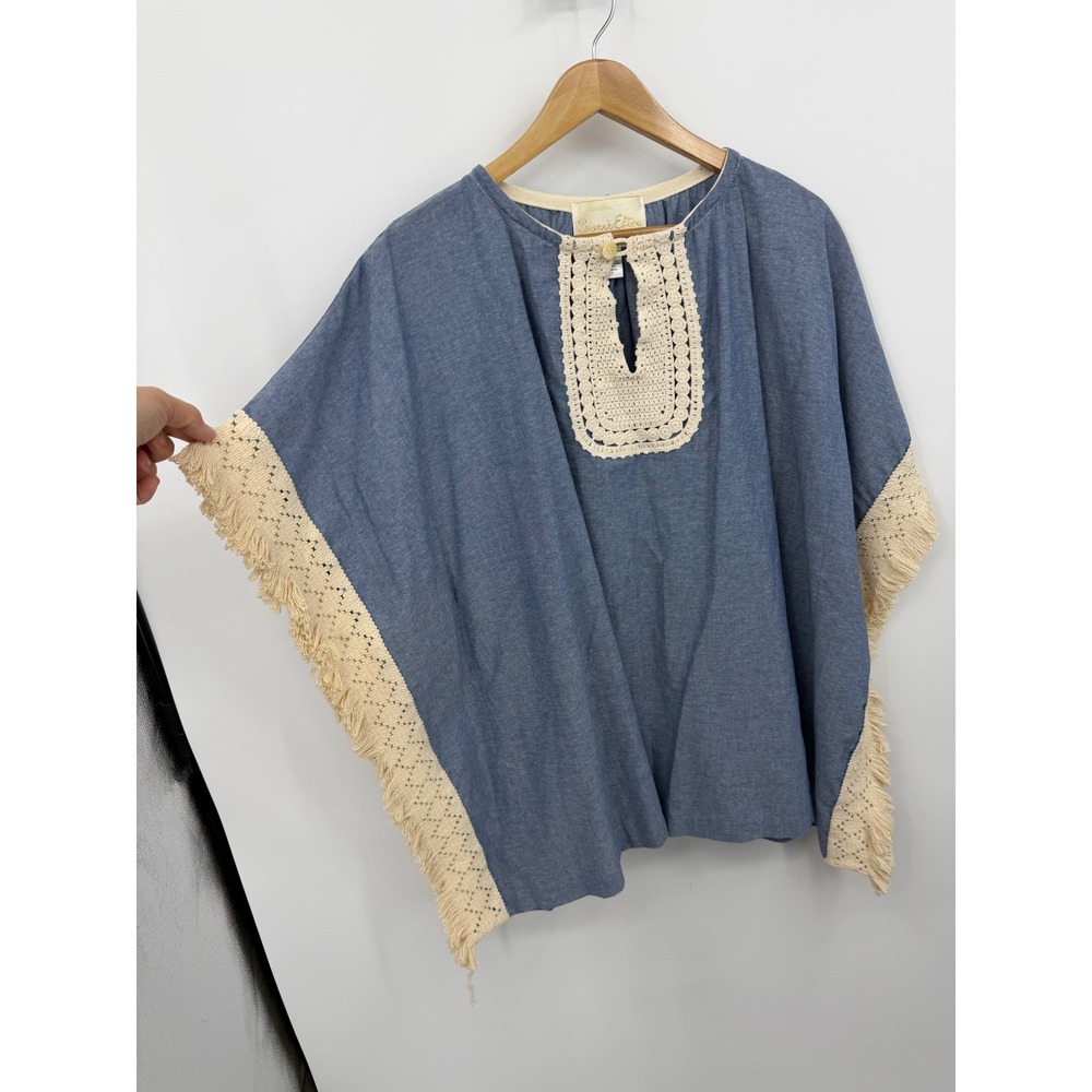 Staci Woo Souvenir Edition Poncho Top Women L Blue Chambray Crochet Fringe Boho